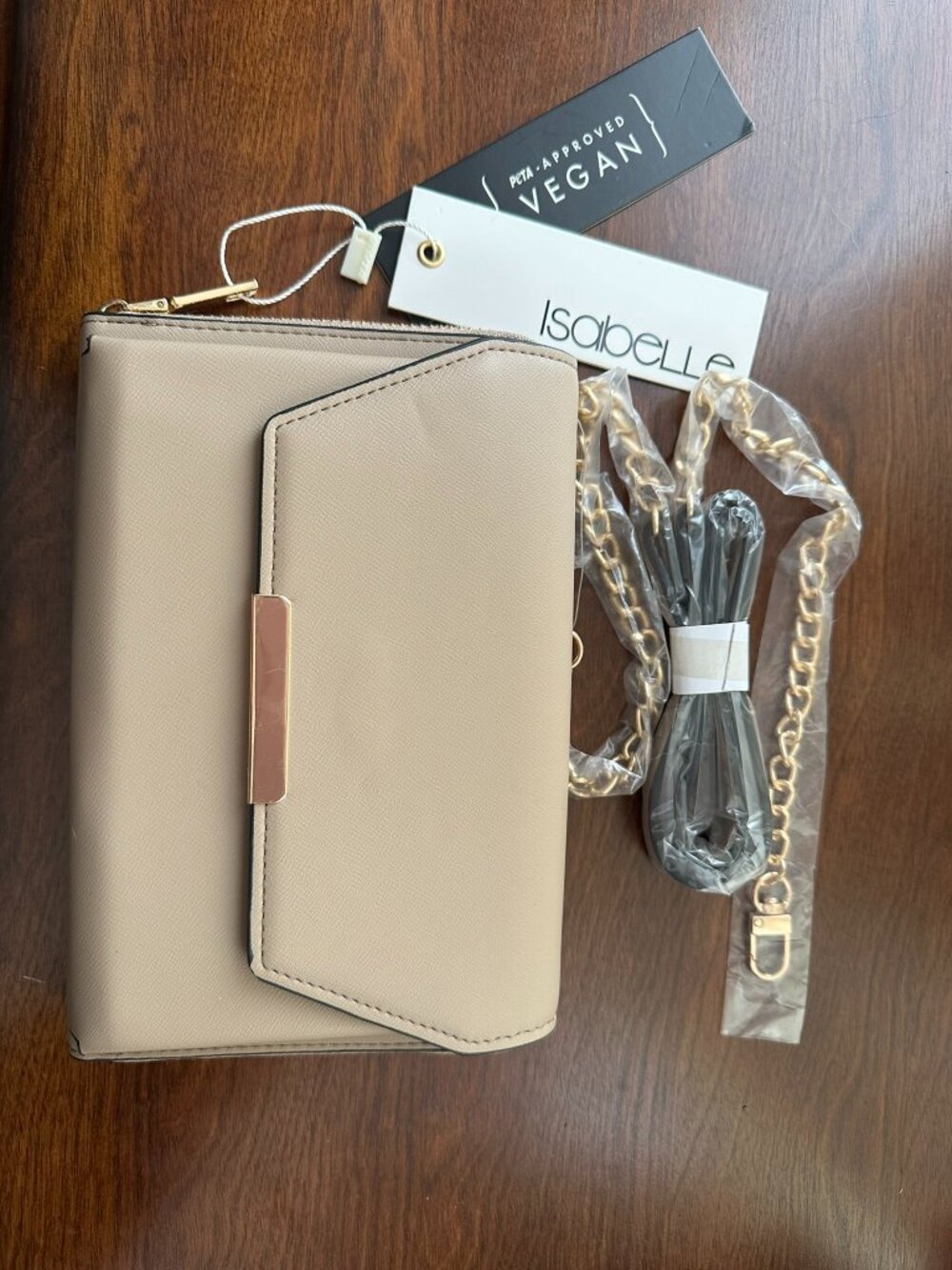 Taupe Vegan Leather Crossbody Wallet Purse Gold Hardware NWT